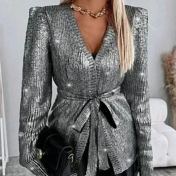 Silver Preppy Women's Color Belted Elegant Cardigan - Picture 1 of 5